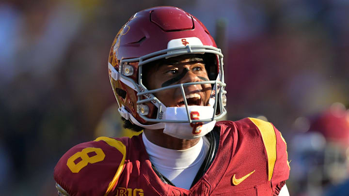 Oct 11, 2025; Los Angeles, California, USA;  USC Trojans wide receiver Ja'Kobi Lane (8) celebrates after a touchdown in the first half against the Michigan Wolverines at United Airlines Field at the Los Angeles Memorial Coliseum. Mandatory Credit: Jayne Kamin-Oncea-Imagn Images