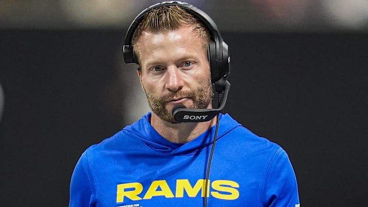 Dec 29, 2025; Atlanta, Georgia, USA; Los Angeles Rams head coach Sean McVay reacts on the sidelines during the game against the Atlanta Falcons at Mercedes-Benz Stadium. Mandatory Credit: Dale Zanine-Imagn Images