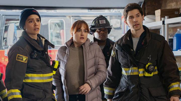 CHICAGO FIRE -- "Sway" Episode 1417 -- Pictured: (l-r) David Eigenberg as Christopher Herrmann, Miranda Rae Mayo as Stella Kidd, Dani Pike as Jackie, Leroy Williams III as Ballard, Brandon Larracuente as Sal Vasquez 
