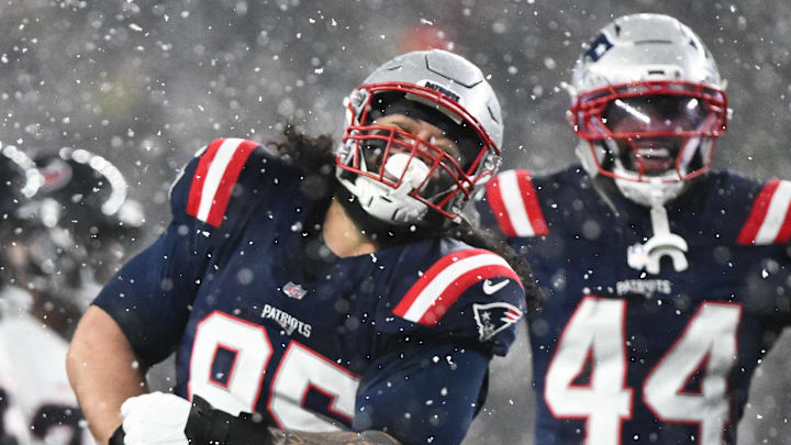 Jan 18, 2026; Foxborough, MA, USA; New England Patriots defensive lineman Khyiris Tonga (95) celebrates a sack in the fourth quarter against the New England Patriots in an AFC Divisional Round game at Gillette Stadium. Mandatory Credit: Brian Fluharty-Imagn Images