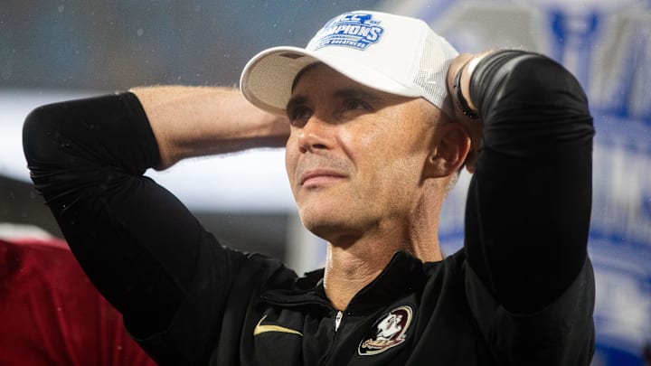 Florida State Seminoles head coach Mike Norvell takes a second to soak in the moment. The Florida State Seminoles defeated the Louisville Cardinals 16-6 to claim the ACC Championship title in Charlotte, North Carolina on Saturday, Dec. 2, 2023. Florida State Seminoles head coach Mike Norvell takes a second to soak in the moment. The Florida State Seminoles defeated the Louisville Cardinals 16-6 to claim the ACC Championship title in Charlotte, North Carolina on Saturday, Dec. 2, 2023.