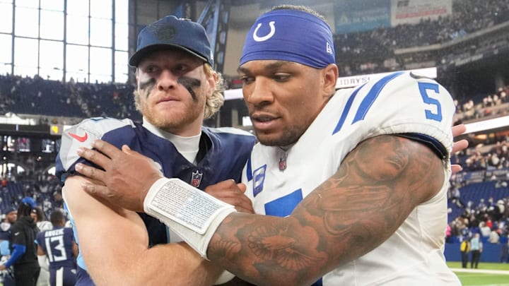 Tennessee Titans quarterback Will Levis and Indianapolis Colts quarterback Anthony Richardson embrace. Tennessee Titans quarterback Will Levis and Indianapolis Colts quarterback Anthony Richardson embrace.