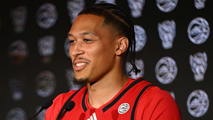 Oct 8, 2025; Charlotte, NC, USA; NC State player Darrion Williams answers questions from the media at The Hilton Charlotte Uptown. Mandatory Credit: William Howard-Imagn Images Oct 8, 2025; Charlotte, NC, USA; NC State player Darrion Williams answers questions from the media at The Hilton Charlotte Uptown. Mandatory Credit: William Howard-Imagn Images