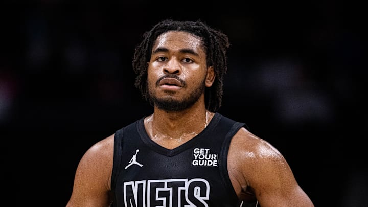Mar 8, 2025; Charlotte, North Carolina, USA; Brooklyn Nets guard Cam Thomas (24) looks on during a break against the Charlotte Hornets during the second quarter at Spectrum Center. Mandatory Credit: Scott Kinser-Imagn Images