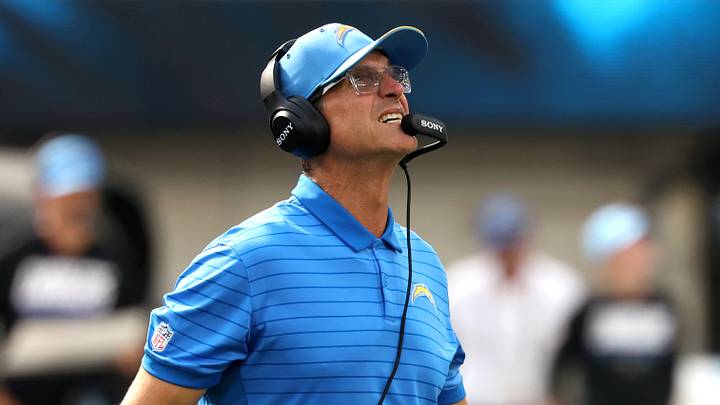 Sep 13, 2026; Inglewood, California, USA; Los Angeles Chargers head coach Jim Harbaugh reacts after a play against the Arizona Cardinals during the first half at SoFi Stadium. Mandatory Credit: Kiyoshi Mio-Imagn Images Sep 13, 2026; Inglewood, California, USA; Los Angeles Chargers head coach Jim Harbaugh reacts after a play against the Arizona Cardinals during the first half at SoFi Stadium. Mandatory Credit: Kiyoshi Mio-Imagn Images