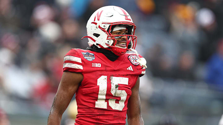 Dec 28, 2024; Bronx, NY, USA; Nebraska Cornhuskers defensive back Ceyair Wright (15) celebrates a defensive stop during the second half against the Boston College Eagles at Yankee Stadium. Mandatory Credit: Vincent Carchietta-Imagn Images