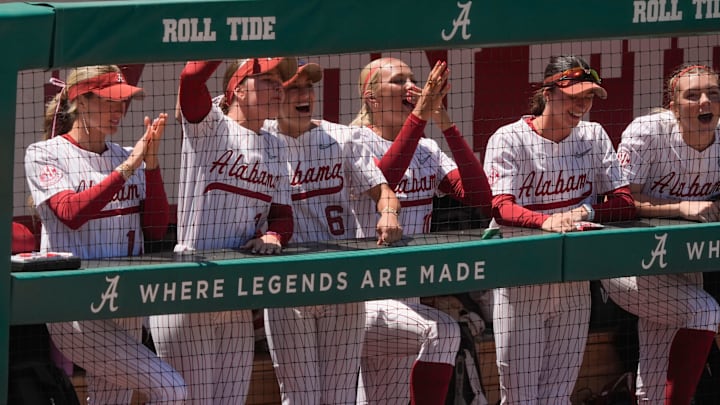 May 2, 2026; Tuscaloosa, AL, USA; Players in the Alabama dugout cheer during a three run inning at Rhoads Stadium in the game 3 of the series between South Carolina and Alabama.