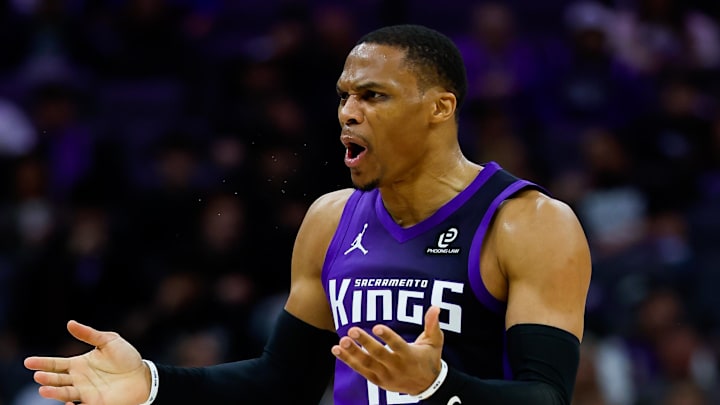 Feb 6, 2026; Sacramento, California, USA; Sacramento Kings guard Russell Westbrook (18) reacts after a play during the third quarter against the Los Angeles Clippers at Golden 1 Center.