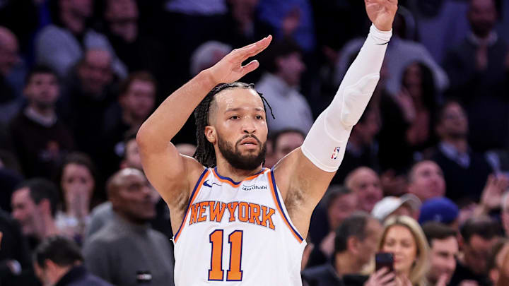 Feb 4, 2026; New York, New York, USA;  New York Knicks guard Jalen Brunson (11) gestures after the Denver Nuggets call timeout in the second overtime at Madison Square Garden.