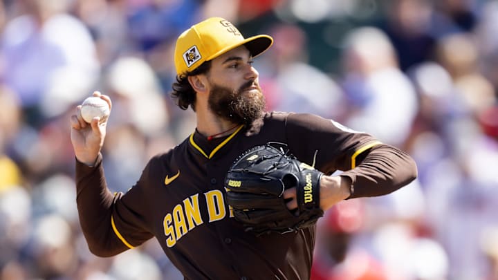 Mar 16, 2025; Tempe, Arizona, USA; San Diego Padres pitcher Dylan Cease against the Los Angeles Angels during a spring training game at Tempe Diablo Stadium. Mar 16, 2025; Tempe, Arizona, USA; San Diego Padres pitcher Dylan Cease against the Los Angeles Angels during a spring training game at Tempe Diablo Stadium.
