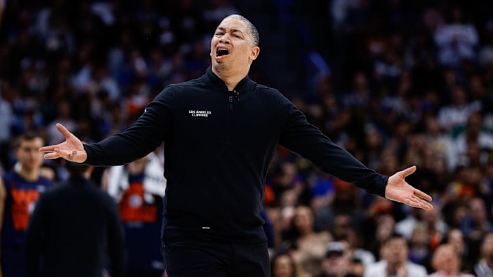 Apr 21, 2025; Denver, Colorado, USA; Los Angeles Clippers head coach Tyronn Lue in the third quarter against the Denver Nuggets during game two of first round for the 2025 NBA Playoffs at Ball Arena. Mandatory Credit: Isaiah J. Downing-Imagn Images