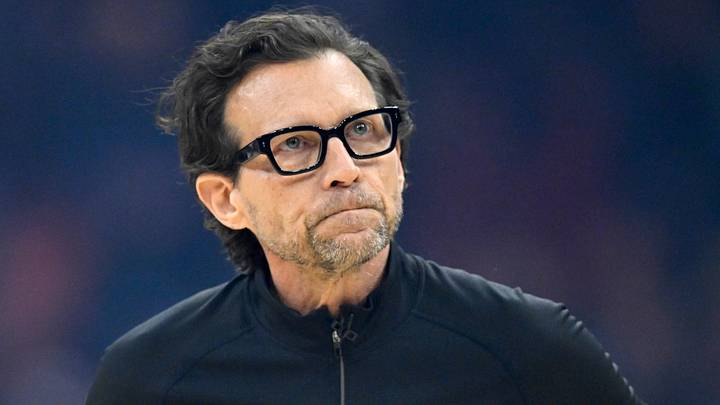 Atlanta Hawks head coach Quin Snyder reacts against the Cleveland Cavaliers at Rocket Arena on April 8, 2026.