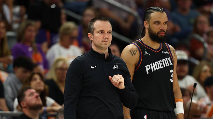 Apr 27, 2026; Phoenix, Arizona, USA; Phoenix Suns head coach Jordan Ott with forward Dillon Brooks (3) against the Oklahoma City Thunder in the second half during game four of the first round of the 2026 NBA Playoffs at Mortgage Matchup Center. Mandatory Credit: Mark J. Rebilas-Imagn Images