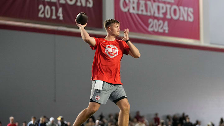 Ohio State Buckeyes quarterback Will Howard throws during the pro day for NFL scouts at the Woody Hayes Athletic Cente on March 26, 2025.