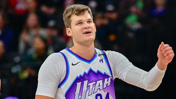 Oct 16, 2025; Salt Lake City, Utah, USA; Utah Jazz center Walker Kessler (24) smiles after making a great play during the first half against the Portland Trail Blazers at Delta Center. Mandatory Credit: Peter Creveling-Imagn Images