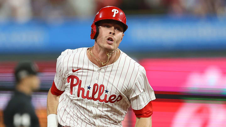 Oct 6, 2025; Philadelphia, Pennsylvania, USA; Philadelphia Phillies left fielder Max Kepler (17) runs to third base after hitting a triple against the Los Angeles Dodgers in the eighth inning during game two of the NLDS round for the 2025 MLB playoffs at Citizens Bank Park. Mandatory Credit: Bill Streicher-Imagn Images Oct 6, 2025; Philadelphia, Pennsylvania, USA; Philadelphia Phillies left fielder Max Kepler (17) runs to third base after hitting a triple against the Los Angeles Dodgers in the eighth inning during game two of the NLDS round for the 2025 MLB playoffs at Citizens Bank Park. Mandatory Credit: Bill Streicher-Imagn Images