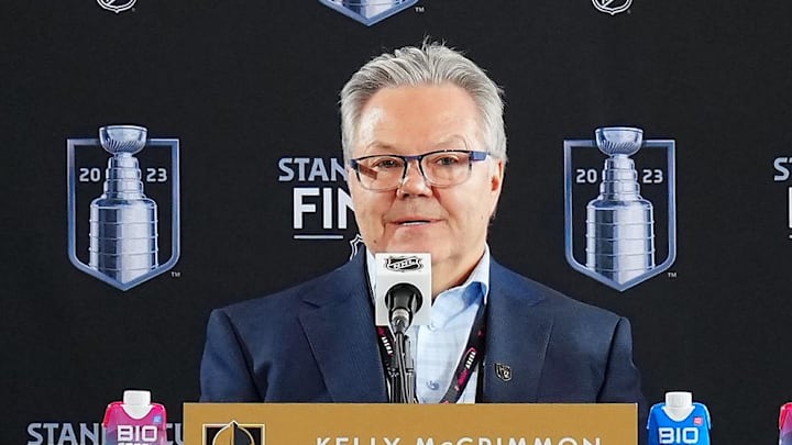 Jun 2, 2023; Las Vegas, Nevada, USA; Vegas Golden Knights general manager Kelly McCrimmon and Vegas Golden Knights head coach Bruce Cassidy take questions during media day in advance of the 2023 Stanley Cup Final. Mandatory Credit: Stephen R. Sylvanie-Imagn Images