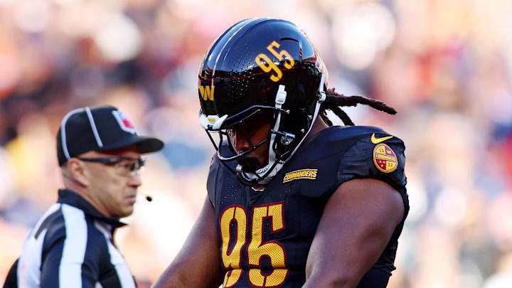 Washington Commanders defensive tackle Jer'Zhan Newton (95) celebrates after a sack