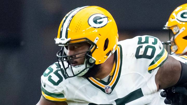 Green Bay Packers guard Aaron Banks is shown against the Arizona Cardinals last season.