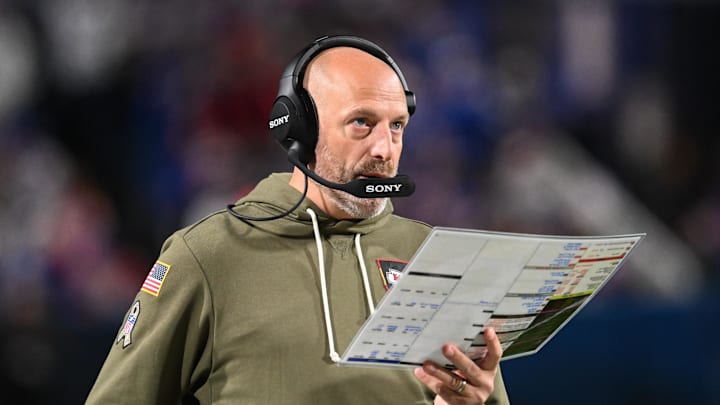 Nov 2, 2025; Orchard Park, New York, USA; Kansas City Chiefs offensive coordinator Matt Nagy looks on during the third quarter against the Buffalo Bills at Highmark Stadium. Mandatory Credit: Mark Konezny-Imagn Images