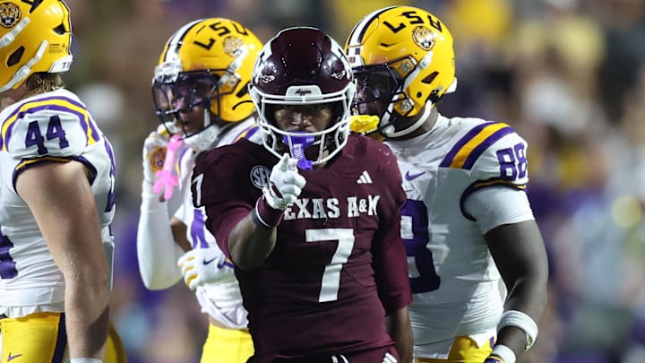 Texas A&M Aggies wide receiver KC Concepcion celebrates after a first down during the first half against the LSU Tigers at Tiger Stadium.