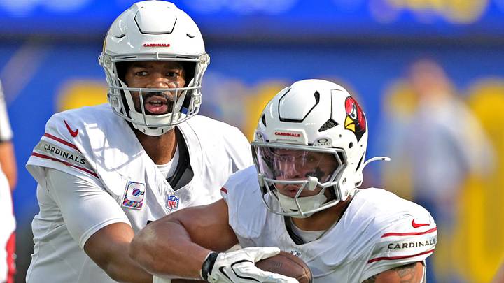 Oct 18, 2026; Inglewood, California, USA; Arizona Cardinals quarterback Jacoby Brissett (7) hands off to running back Tyler Allgeier (22) for a first down against the Los Angeles Rams at SoFi Stadium. Mandatory Credit: Jayne Kamin-Oncea-Imagn Images Oct 18, 2026; Inglewood, California, USA; Arizona Cardinals quarterback Jacoby Brissett (7) hands off to running back Tyler Allgeier (22) for a first down against the Los Angeles Rams at SoFi Stadium. Mandatory Credit: Jayne Kamin-Oncea-Imagn Images