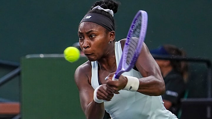 Coco Gauff returns to Alexandra Eala during their third-round match at the BNP Paribas Open in Indian Wells, Calif., Sunday, March 8, 2026.