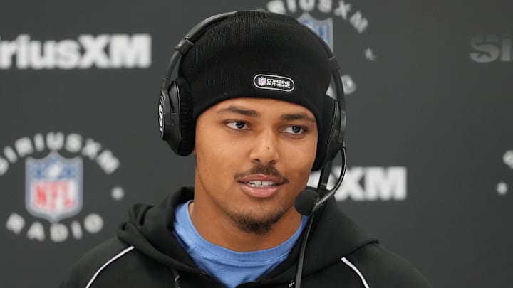 Feb 25, 2026; Indianapolis, IN, USA;  Clemson defensive lineman TJ Parker (DL55) on the SiriusXM NFL Radio set at the NFL Scouting Combine at the Indiana Convention Center. Mandatory Credit: Kirby Lee-Imagn Images