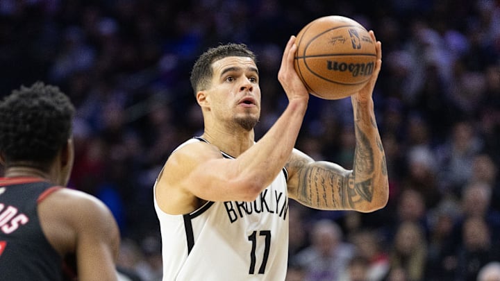Dec 23, 2025; Philadelphia, Pennsylvania, USA; Brooklyn Nets forward Michael Porter Jr. (17) shoots against the Philadelphia 76ers during the second quarter at Xfinity Mobile Arena.