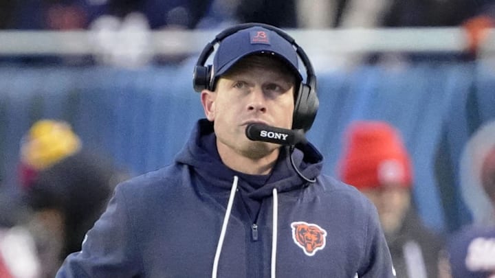 Jan 4, 2026; Chicago, Illinois, USA; Chicago Bears head coach Ben Johnson looks on from the sideline against the Detroit Lions during the first half at Soldier Field. Mandatory Credit: David Banks-Imagn Images