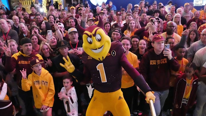 Sparky rallies ASU fans at the Georgia Aquarium during a pep rally before facing Texas in the Chick-fil-A Peach Bowl on Dec. 31, 2024.