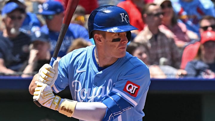 May 18, 2025; Kansas City, Missouri, USA;  Kansas City Royals left fielder Mark Canha (21) at bat in the third inning against the St. Louis Cardinals at Kauffman Stadium. Mandatory Credit: Peter Aiken-Imagn Images