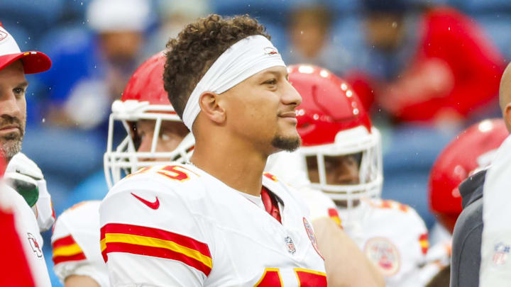 Aug 15, 2025; Seattle, Washington, USA; Kansas City Chiefs quarterback Patrick Mahomes (15) watches pregame warmups against the Seattle Seahawks at Lumen Field. Mandatory Credit: Joe Nicholson-Imagn Images