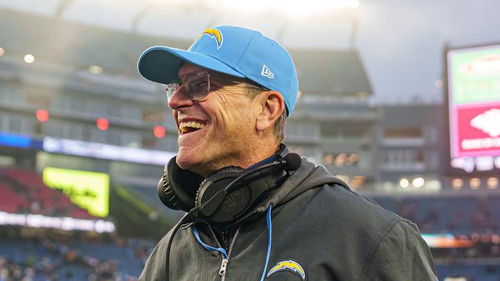 Dec 28, 2024; Foxborough, Massachusetts, USA; Los Angeles Chargers head coach Jim Harbaugh reacts after defeating the New England Patriots at Gillette Stadium. Mandatory Credit: David Butler II-Imagn Images Dec 28, 2024; Foxborough, Massachusetts, USA; Los Angeles Chargers head coach Jim Harbaugh reacts after defeating the New England Patriots at Gillette Stadium. Mandatory Credit: David Butler II-Imagn Images