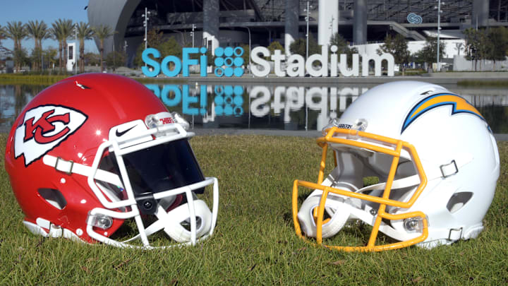 Dec 16, 2021; Inglewood, California, USA; A detailed view of Kansas City Chiefs and Los Angeles Chargers helmets at SoFi Stadium. Mandatory Credit: Kirby Lee-Imagn Images