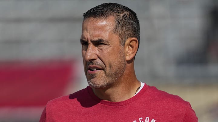 Sep 20, 2025; Madison, Wisconsin, USA; Wisconsin Badgers head coach Luke Fickell looks on during warmups prior to the game against the Maryland Terrapins at Camp Randall Stadium. Mandatory Credit: Jeff Hanisch-Imagn Images Sep 20, 2025; Madison, Wisconsin, USA; Wisconsin Badgers head coach Luke Fickell looks on during warmups prior to the game against the Maryland Terrapins at Camp Randall Stadium. Mandatory Credit: Jeff Hanisch-Imagn Images