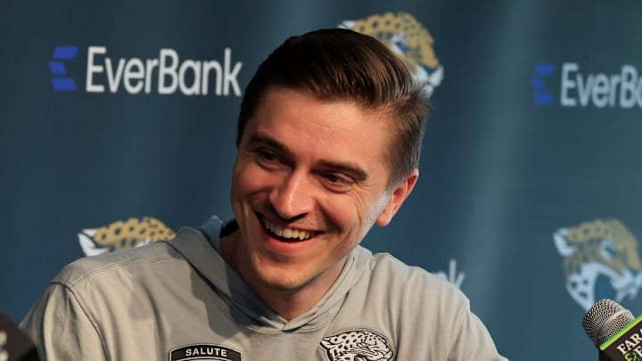 Jacksonville Jaguars general manager James Gladstone, right, smiles at head coach Liam Coen during a press conference at Miller Electric Center Tuesday, April 15, 2025 in Jacksonville, Fla. [Corey Perrine/Florida Times-Union]