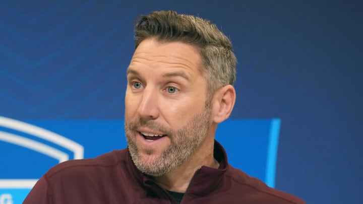 Washington Commanders general manager Adam Peters speaks during the NFL Scouting Combine at the Indiana Convention Center.