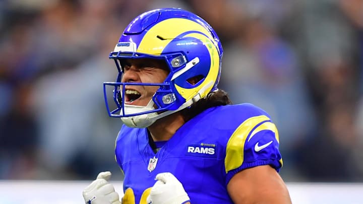 Dec 14, 2025; Inglewood, California, USA; Los Angeles Rams wide receiver Puka Nacua (12) celebrates after a play during the third quarter against the Detroit Lions at SoFi Stadium. Mandatory Credit: Gary A. Vasquez-Imagn Images