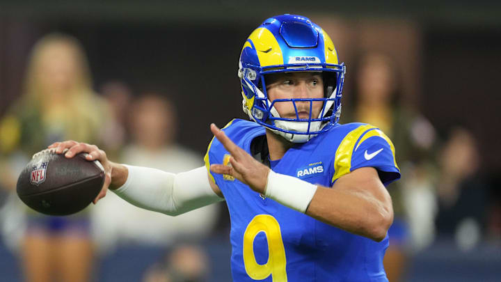 Nov 11, 2024; Inglewood, California, USA; Los Angeles Rams quarterback Matthew Stafford (9) throws the ball against the Miami Dolphins in the second half at SoFi Stadium. Mandatory Credit: Kirby Lee-Imagn Images Nov 11, 2024; Inglewood, California, USA; Los Angeles Rams quarterback Matthew Stafford (9) throws the ball against the Miami Dolphins in the second half at SoFi Stadium. Mandatory Credit: Kirby Lee-Imagn Images