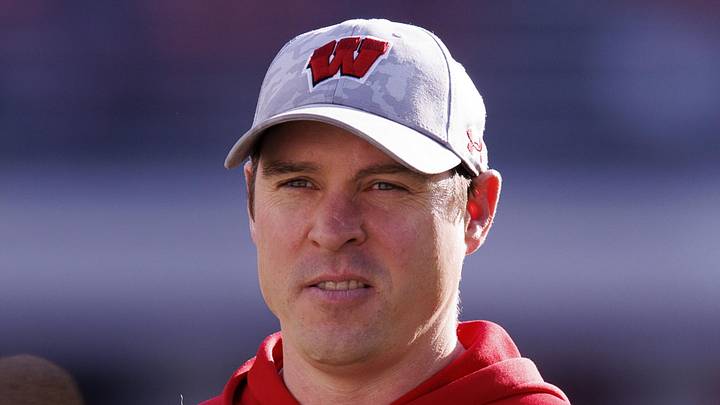 Nov 26, 2022; Madison, Wisconsin, USA;  Wisconsin Badgers head coach Jim Leonhard prior to the game against the Minnesota Golden Gophers at Camp Randall Stadium. Mandatory Credit: Jeff Hanisch-Imagn Images