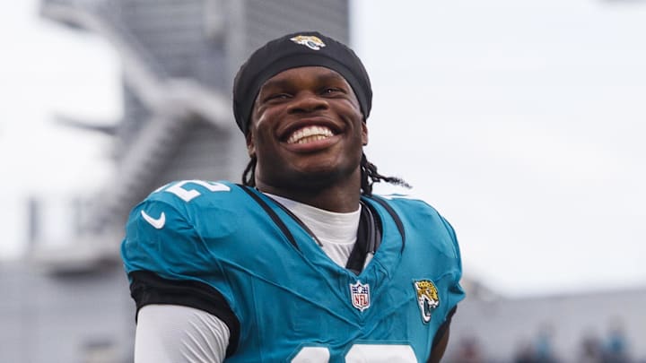 Aug 9, 2025; Jacksonville, Florida, USA; Jacksonville Jaguars wide receiver Travis Hunter (12) before the game against the Pittsburgh Steelers at EverBank Stadium. Mandatory Credit: Morgan Tencza-Imagn Images