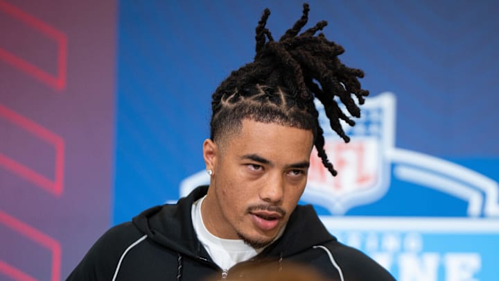 Feb 27, 2026; Indianapolis, IN, USA; Southern California wideout Makai Lemon (WO29) speaks to members of the media during the NFL Combine at the Indiana Convention Center. Mandatory Credit: Jacob Musselman-Imagn Images