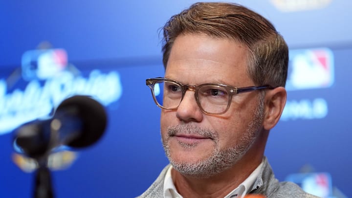 Oct 24, 2025; Toronto, Ontario, CAN; Toronto Blue Jays executive vice president and general manager Ross Atkins speaks to the media before game one of the 2025 MLB World Series against the Los Angeles Dodgers at Rogers Centre. 
