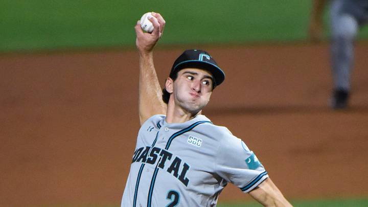 Coastal Carolina Chanticleer's Cameron Flukey (2) pitches against Auburn during NCAA Baseball Super Regonal action at Plainsman Park on the Auburn University campus in Auburn, Ala., on Friday June 6, 2025. Coastal Carolina Chanticleer's Cameron Flukey (2) pitches against Auburn during NCAA Baseball Super Regonal action at Plainsman Park on the Auburn University campus in Auburn, Ala., on Friday June 6, 2025.