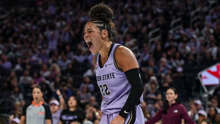 Aug 4, 2026; San Francisco, California, USA; Golden State Valkyries guard Veronica Burton (22) reacts during the fourth quarter against the Toronto Tempo at Chase Center. Mandatory Credit: Justine Willard-Imagn Images