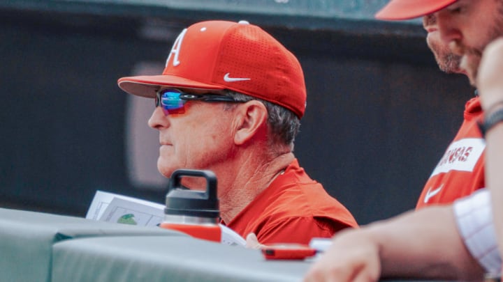 Arkansas Razorbacks coach Dave Van Horn in the dugout against Northwestern State on Wednesday afternoon.