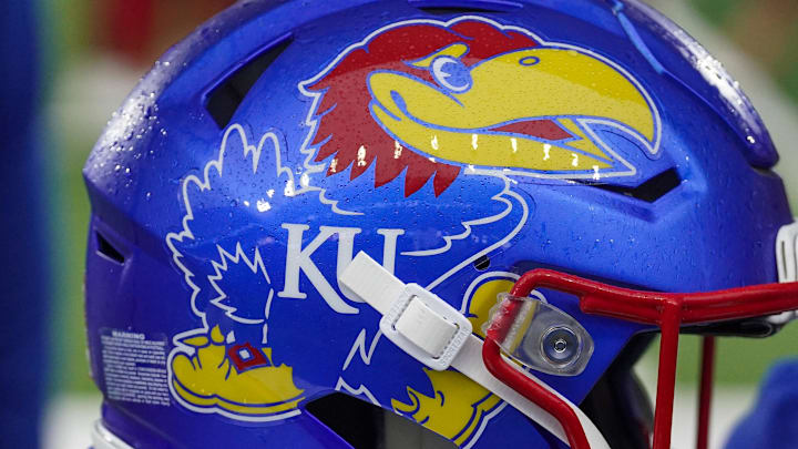 Oct 25, 2025; Lawrence, Kansas, USA; A general view of a Kansas Jayhawks helmet prior to a game against the Kansas State Wildcats at David Booth Kansas Memorial Stadium. 