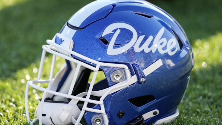 Sep 3, 2021; Charlotte, North Carolina, USA; Duke Blue Devils helmet during pregame activities before the start against the Charlotte 49ers at Jerry Richardson Stadium. Mandatory Credit: Jim Dedmon-Imagn Images Sep 3, 2021; Charlotte, North Carolina, USA; Duke Blue Devils helmet during pregame activities before the start against the Charlotte 49ers at Jerry Richardson Stadium. Mandatory Credit: Jim Dedmon-Imagn Images