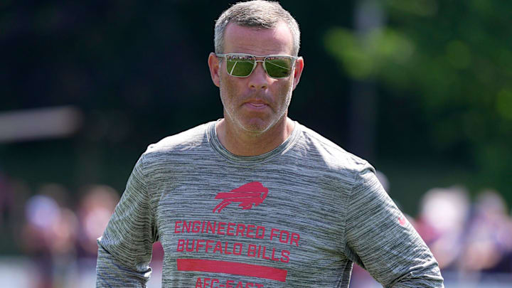 Brandon Beane, general manager of the Buffalo Bills, heads off the field at the end of practice at training camp.